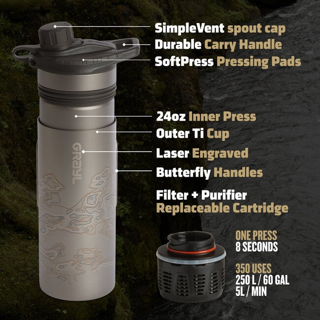 GRAYL GeoPress™ Titanium Purifier фільтраційна пляшка + Cook Lid, чорна скритна