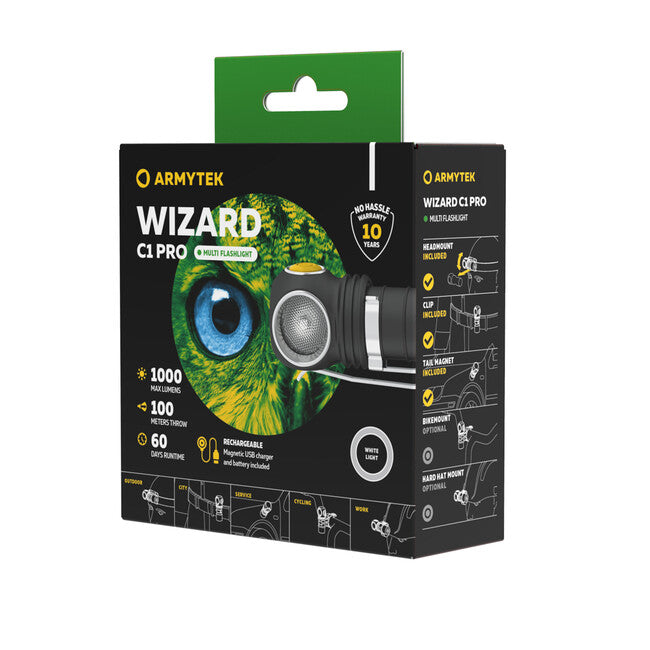 ArmyTek Wizard C1 Pro LED налобний ліхтар з магнітним утримувачем та живленням від акумулятора Magnet White, 1000 лм, 1440 год, 55 г