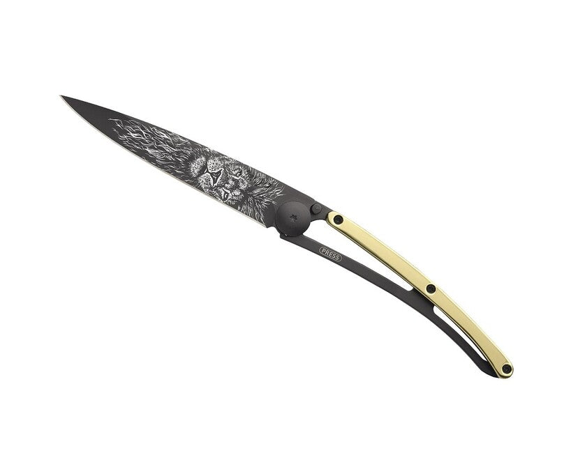 Deejo GOLD Tattoo складаний ніж 23kt жовтий, Лев