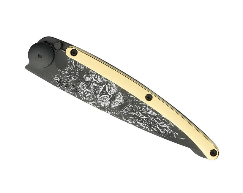 Deejo GOLD Tattoo складаний ніж 23kt жовтий, Лев