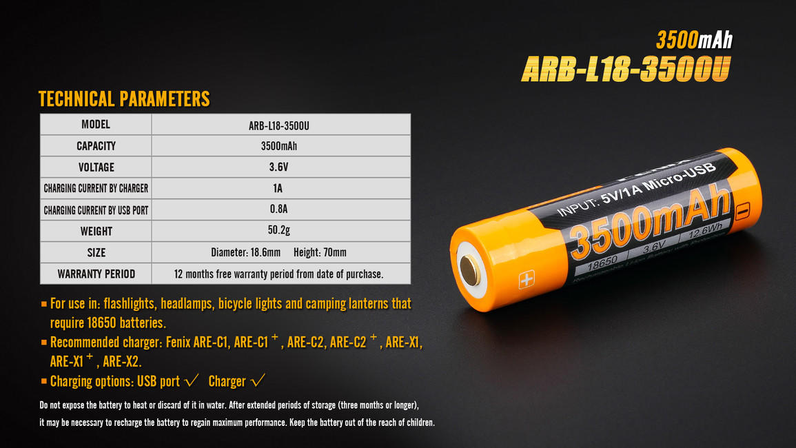 Fenix акумуляторна батарея USB 18650 li-ion 3500 mAh