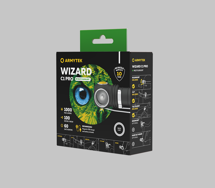 ArmyTek Wizard C1 Pro LED налобний ліхтар з магнітним утримувачем та живленням від акумулятора Magnet White, 1000 лм, 1440 год, 55 г