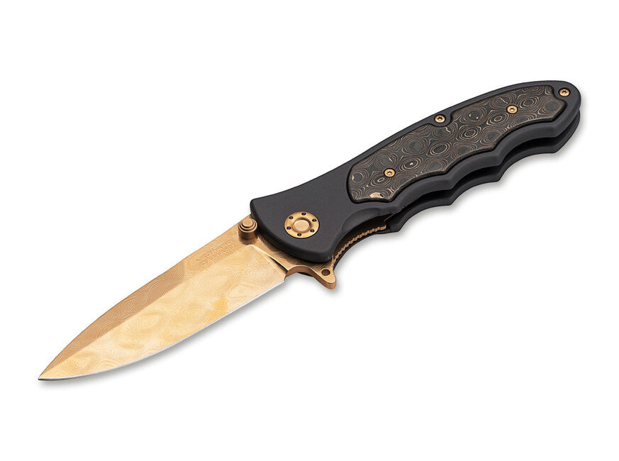 BÖKER® Leopard-Damast III ніж 9,5 см, золотий чорний алюміній