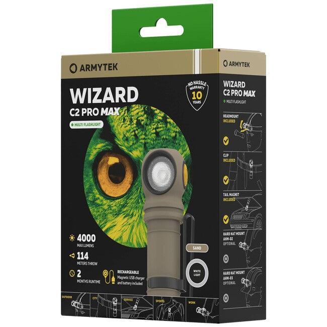 ArmyTek Wizard C2 Pro Max LED налобний ліхтар з магнітним тримачем і живленням від акумулятора 4000 лм, пісочний