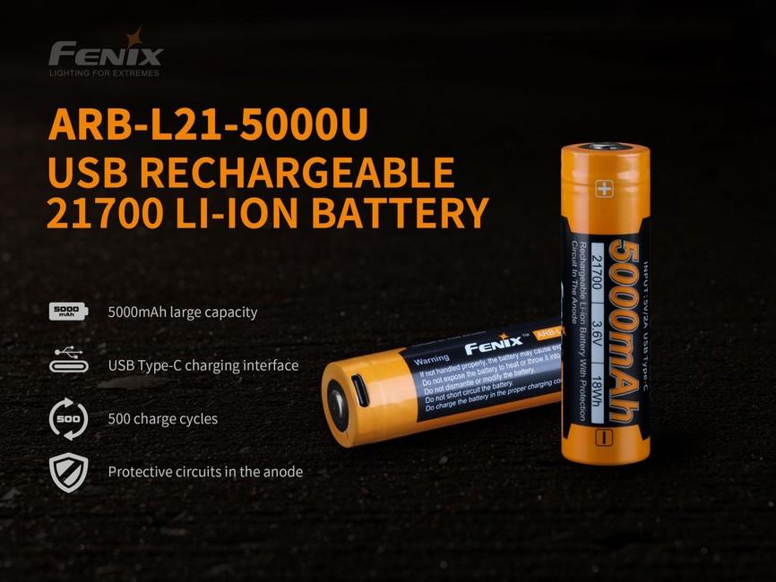 Fenix 21700 перезаряджана батарея Li-Ion 5000 мAh USB-C