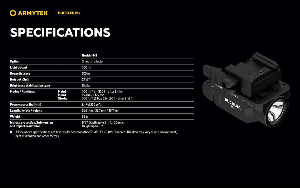 ArmyTek Buckler M1 компактний перезаряджуваний збройний ліхтар 700lm