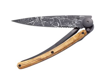 Закриття ножа Deejo Татуювання Зубчастість оливкового дерева Сцена полювання